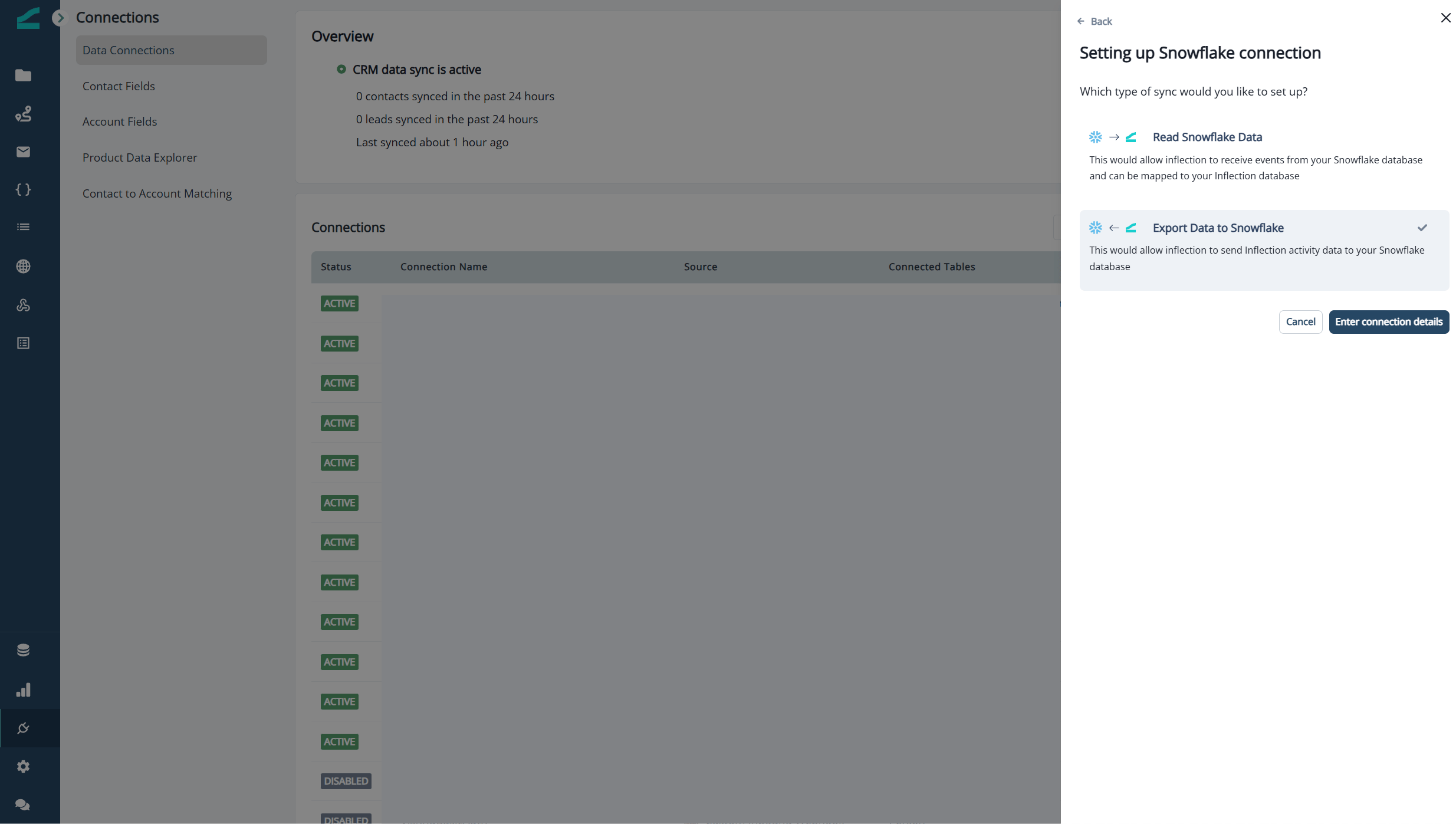 Export Data to Snowflake connection type selection