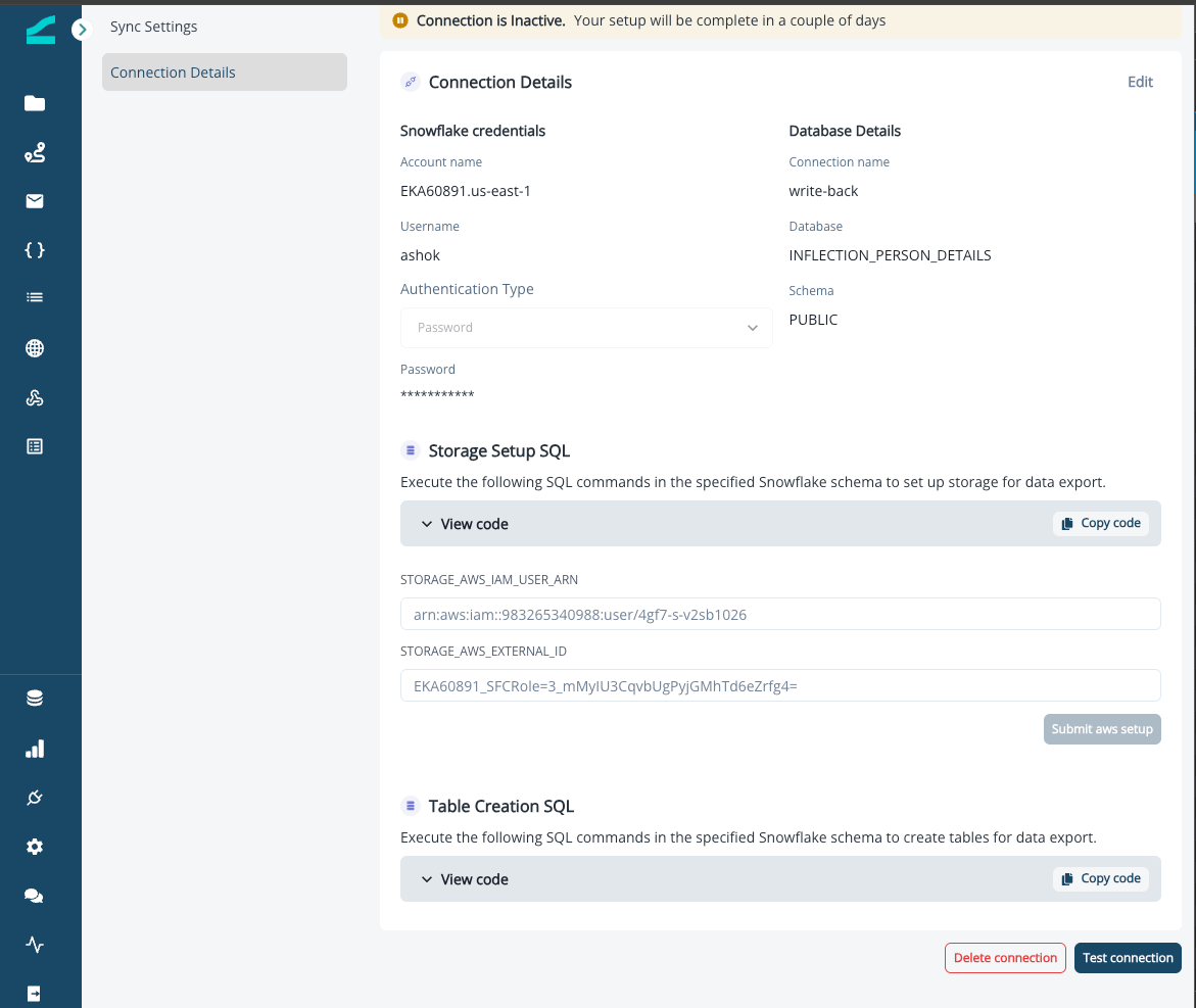 Storage Setup SQL and integration fields in Connection details