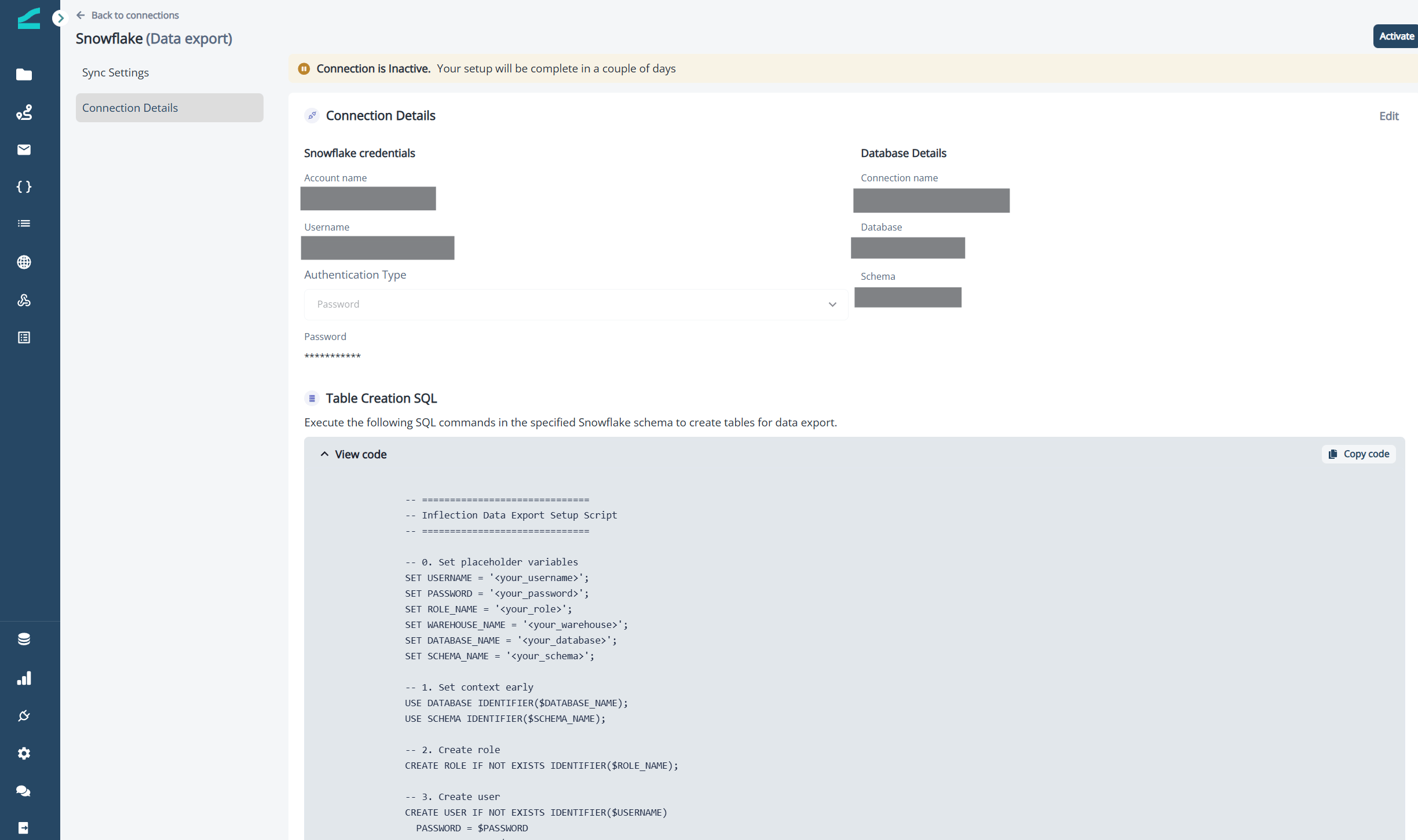 Copy code button in the Table Creation SQL section of Connection Details