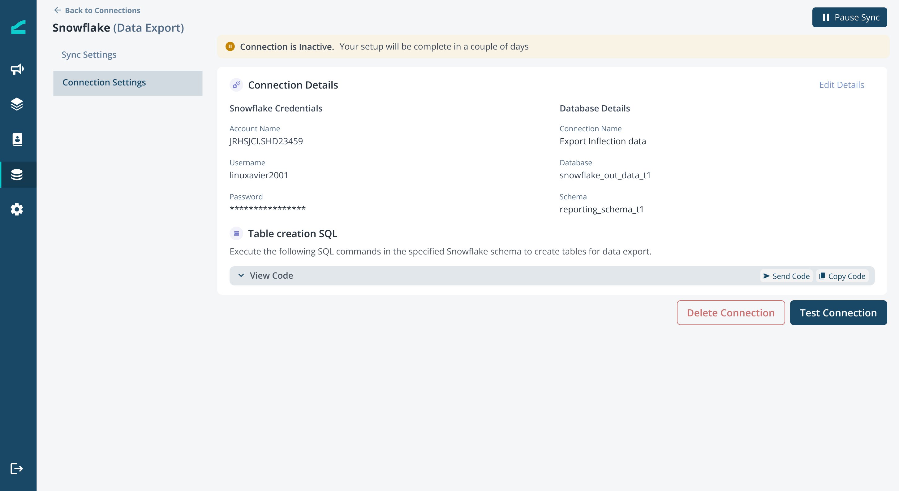 Connection Settings tab for a Snowflake Export connection