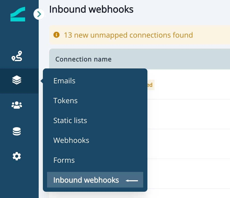 Inbound Webhooks page under Assets in Inflection