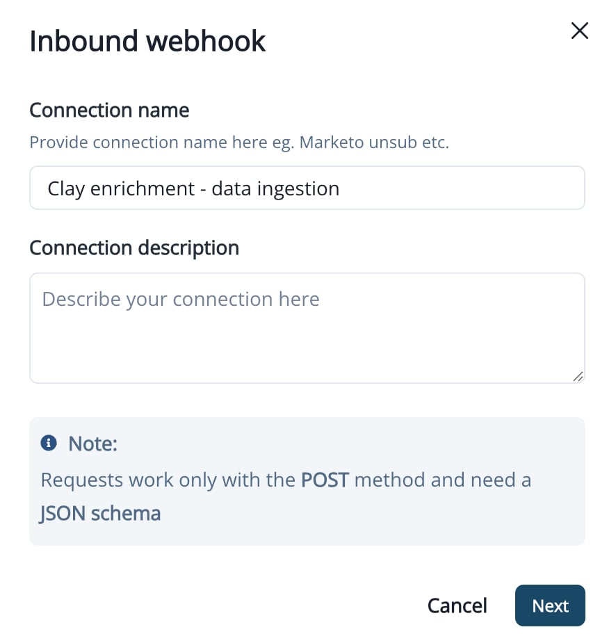 New Connection dialog with name and description fields