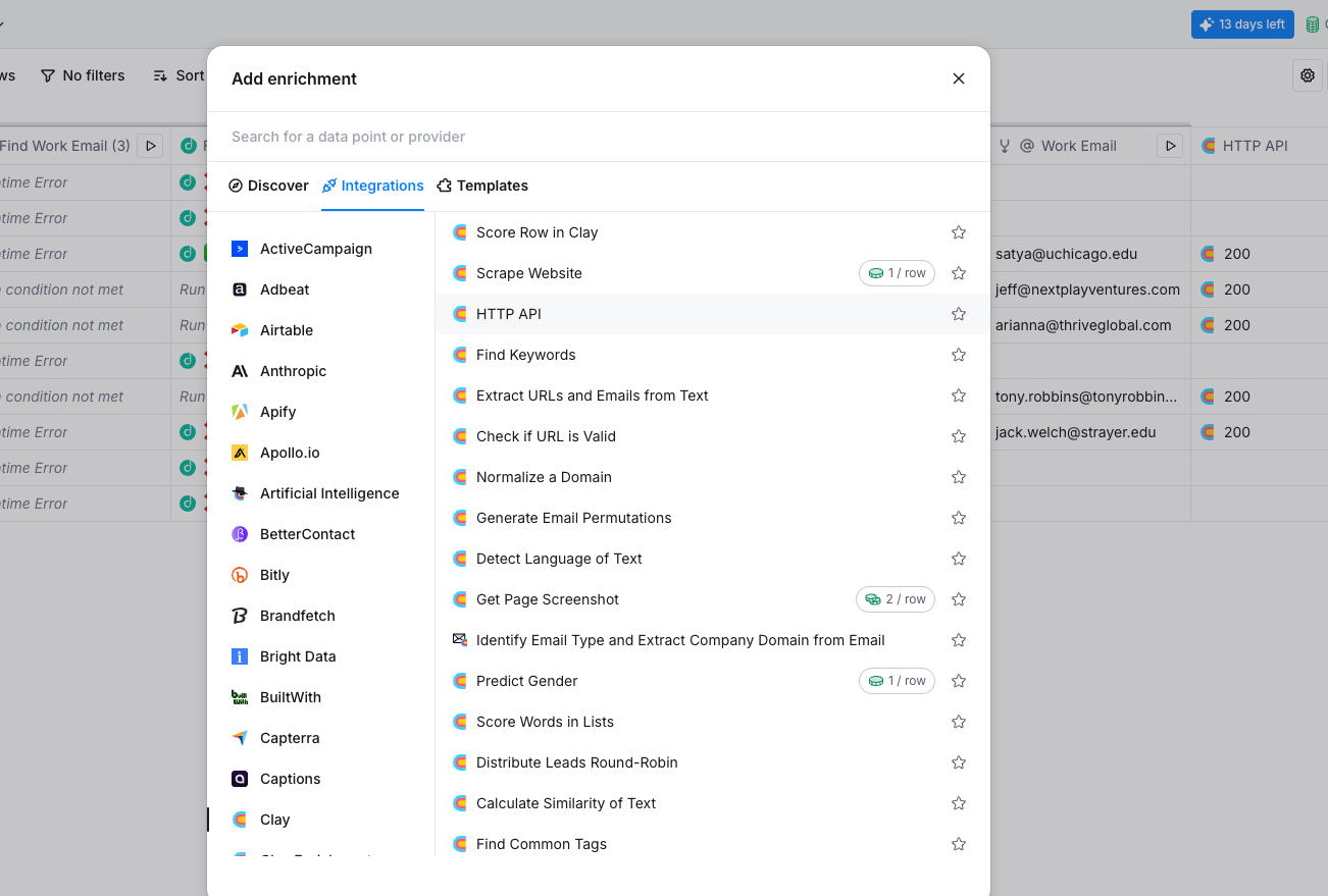 HTTP API integration tile in Clay's integrations list