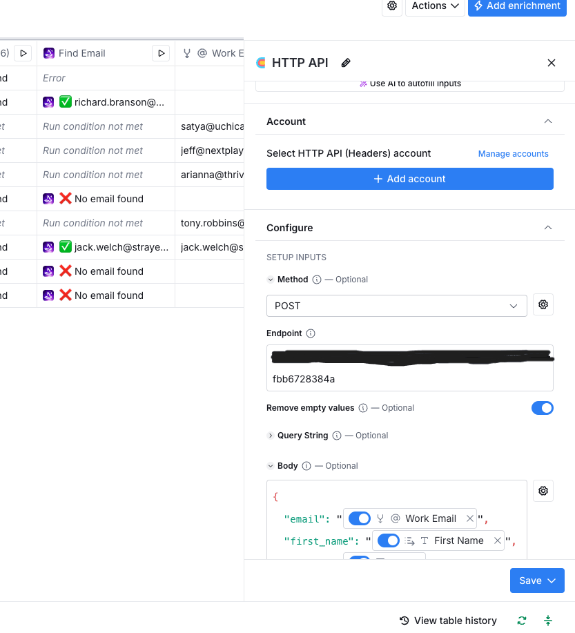 HTTP API request configuration in Clay with method and endpoint URL