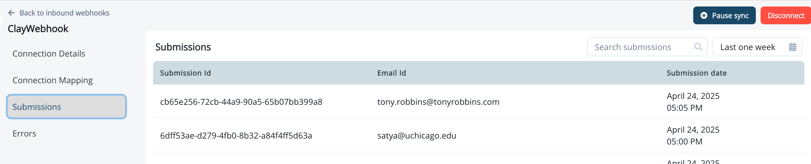 Submissions tab of an inbound webhook showing received payloads