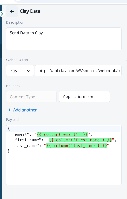 Webhook field configuration listing the contact fields to send