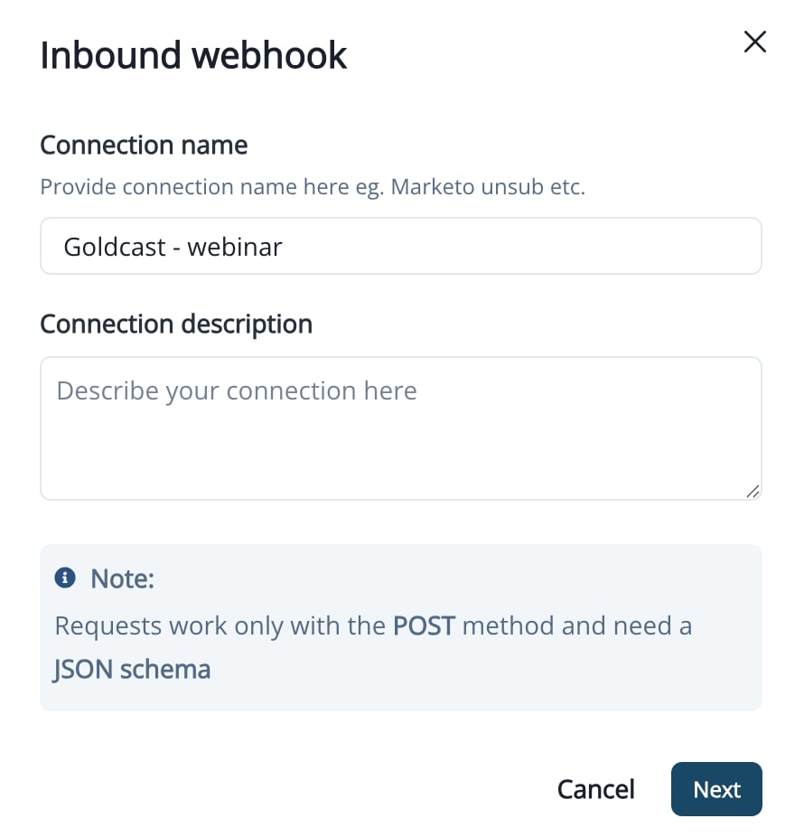 New connection form with name and description fields
