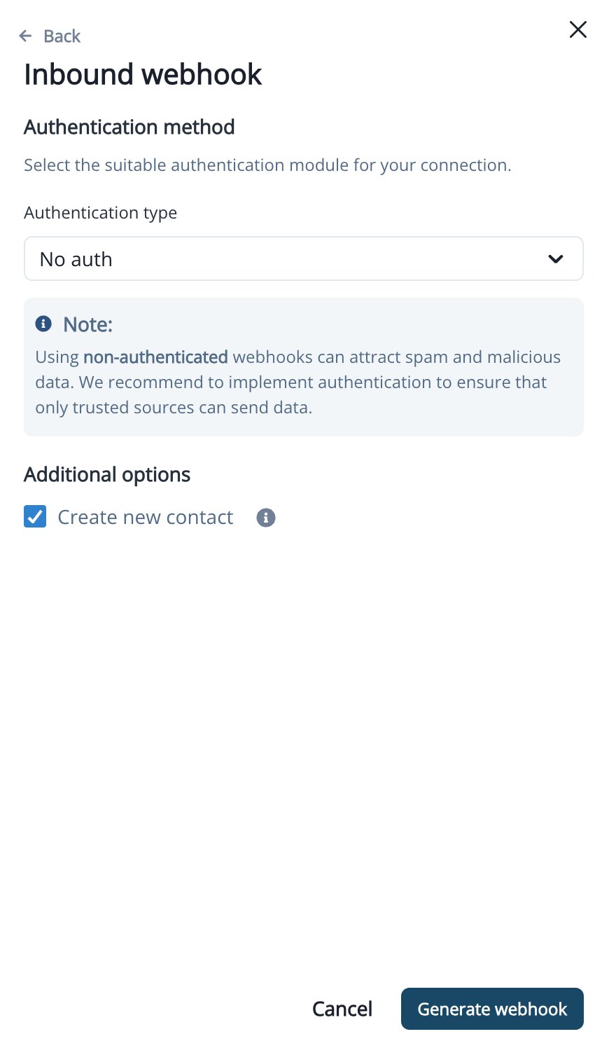 Authentication method and Create New Contact options