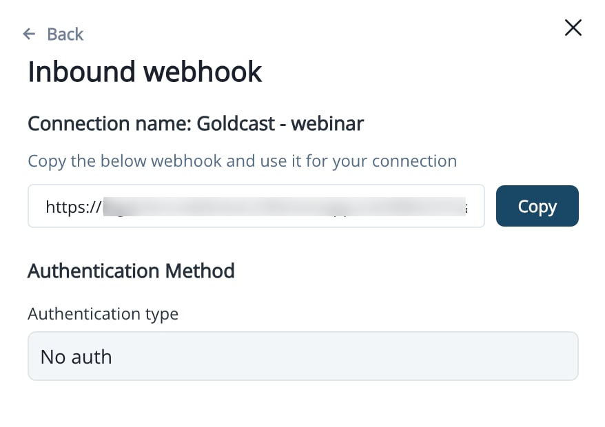 Generated webhook URL shown after creating the connection