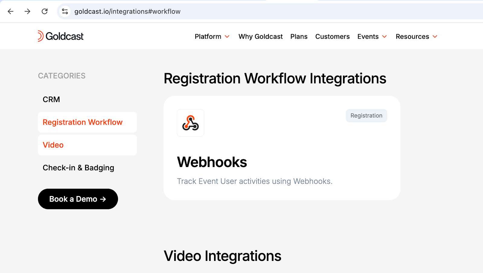 Webhooks tile in the Goldcast Marketplace