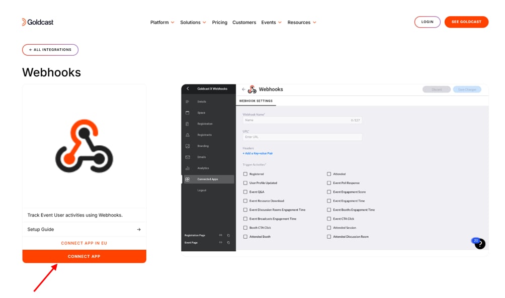 Connect App button for the Webhooks app in Goldcast
