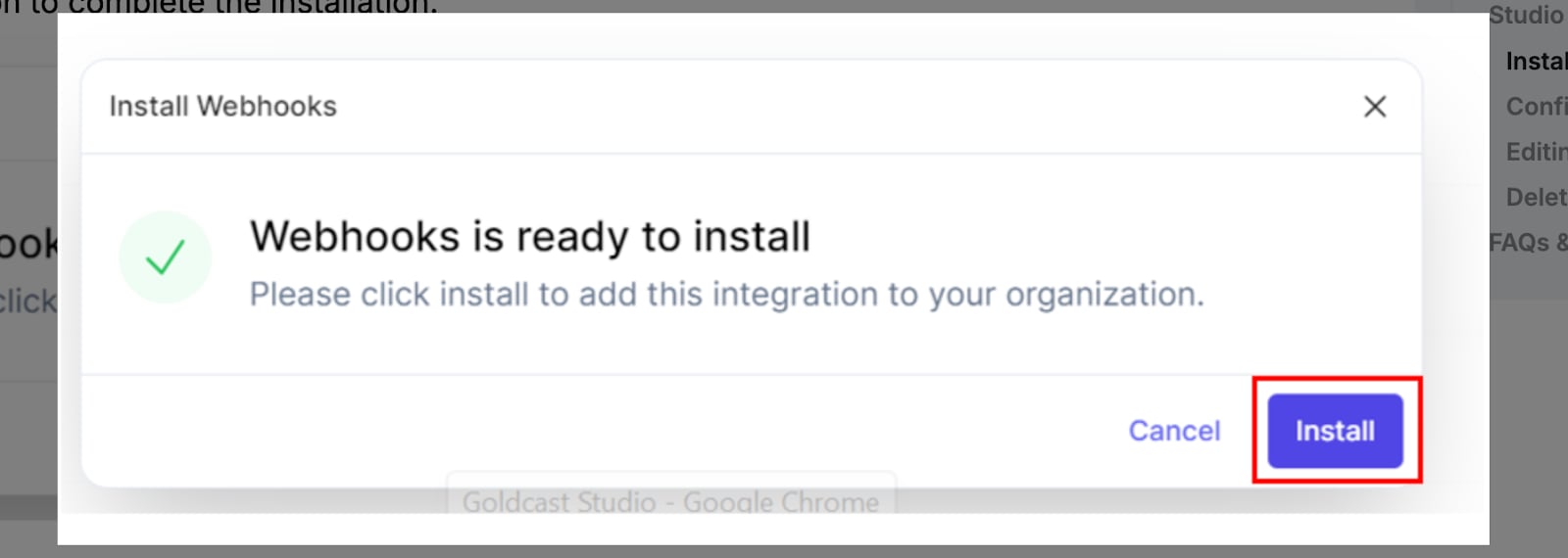 Install Webhooks pop-up in Goldcast Studio