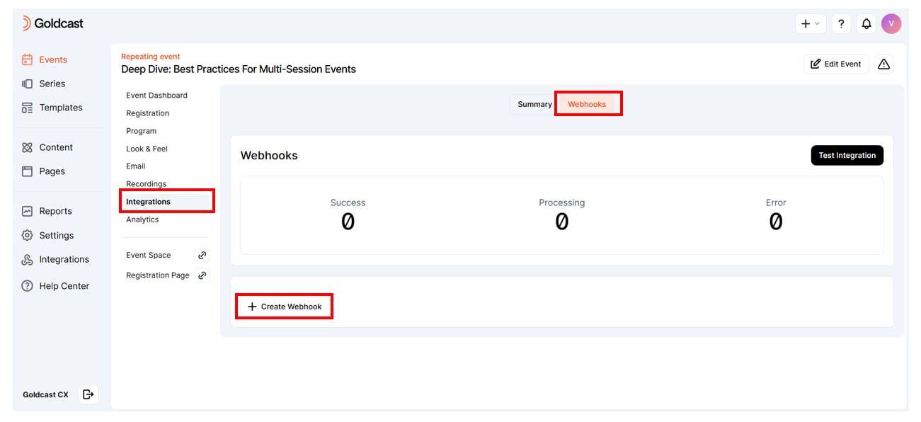 Integrations tab within the Goldcast event dashboard