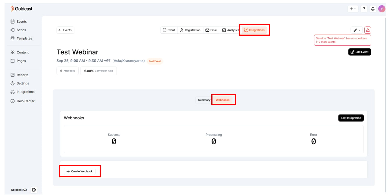Webhooks option on the Goldcast Integrations page