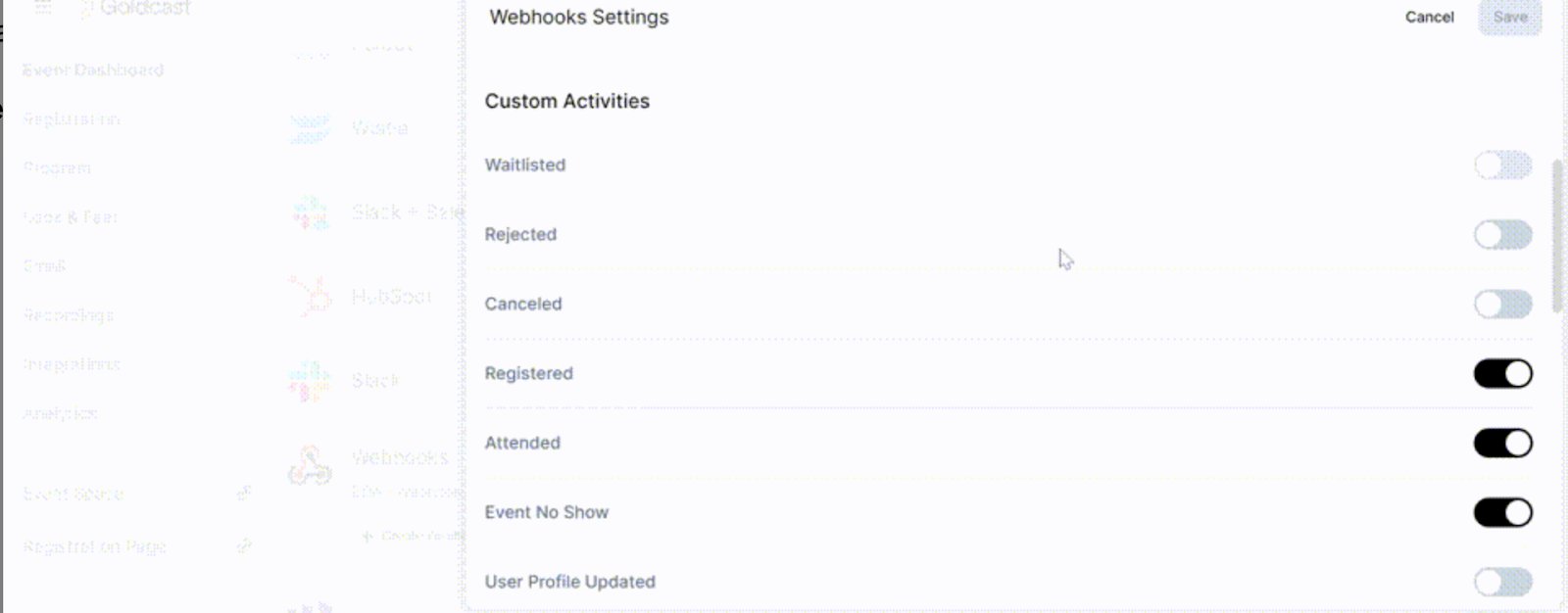 Newly created webhook listed in Goldcast