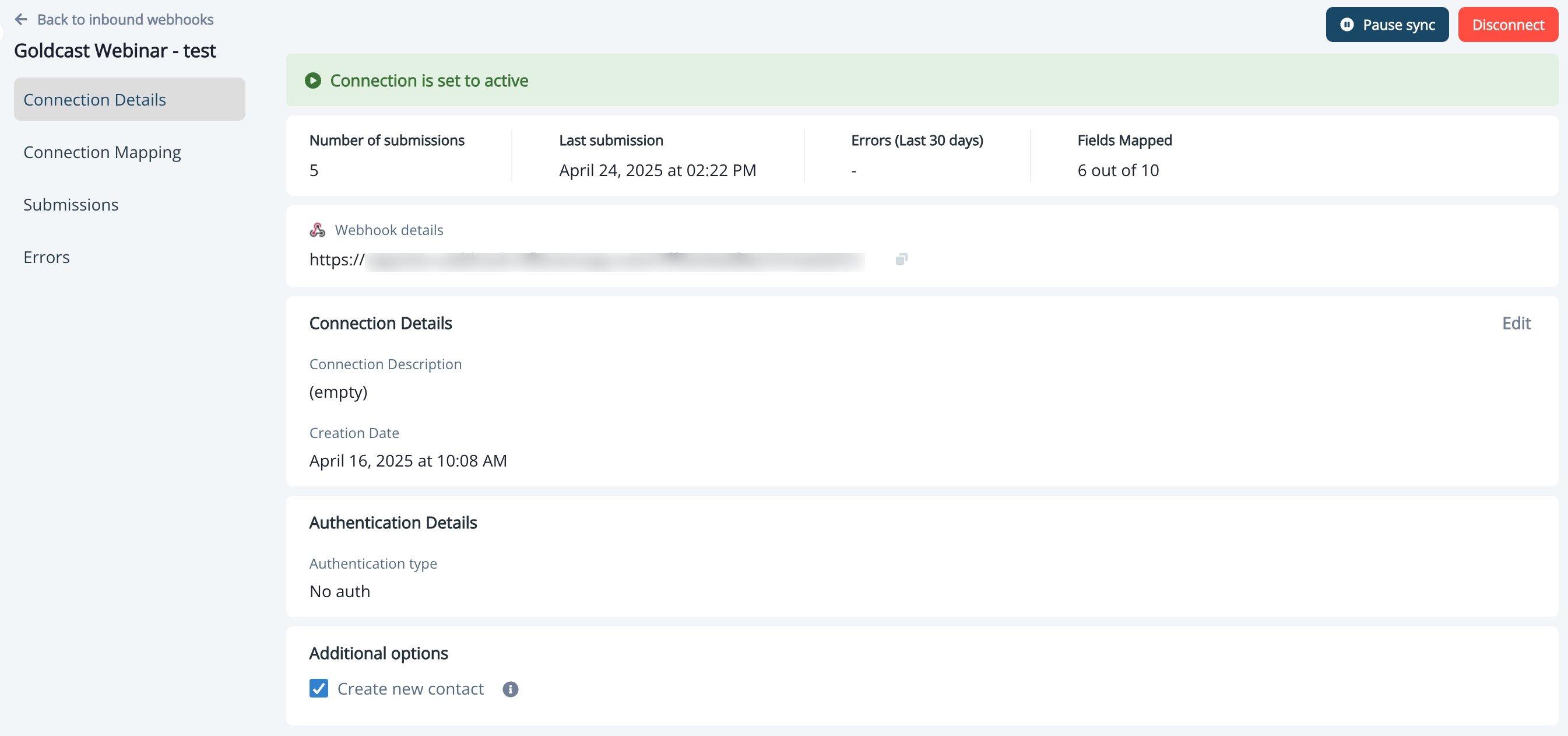 Submission count on the Connection Details page in Inflection