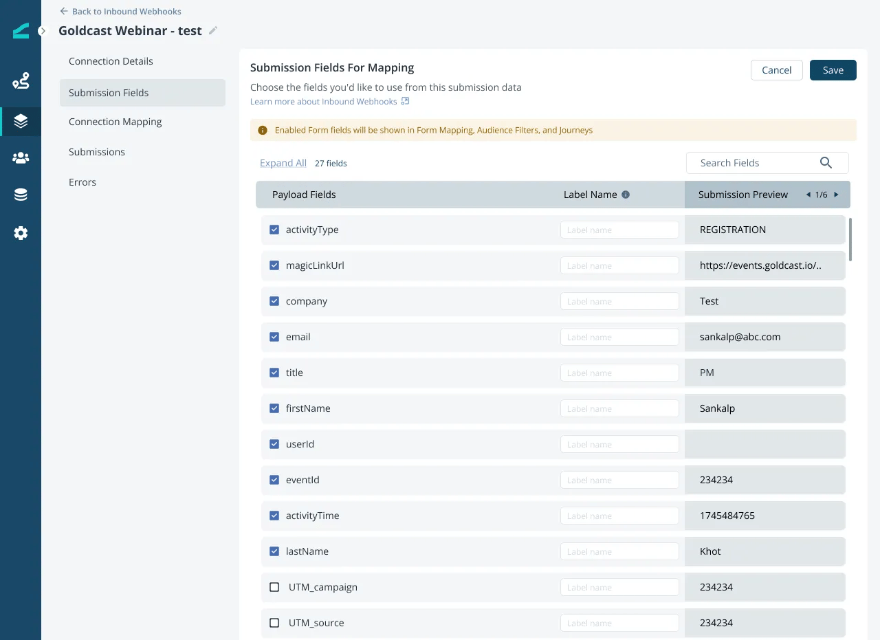 Submission Fields tab with fields enabled for mapping