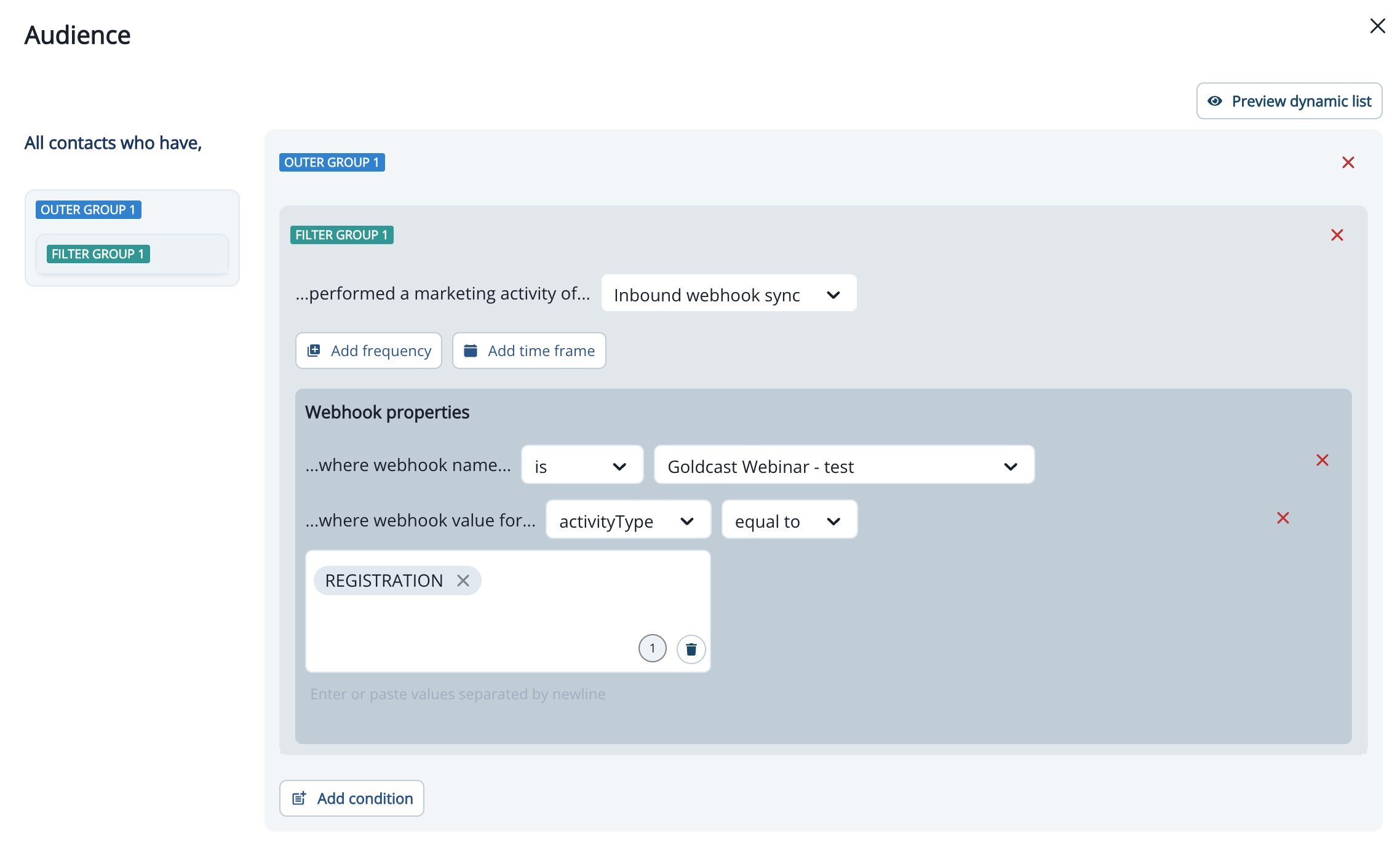 Journey audience filter targeting users who registered for the webinar