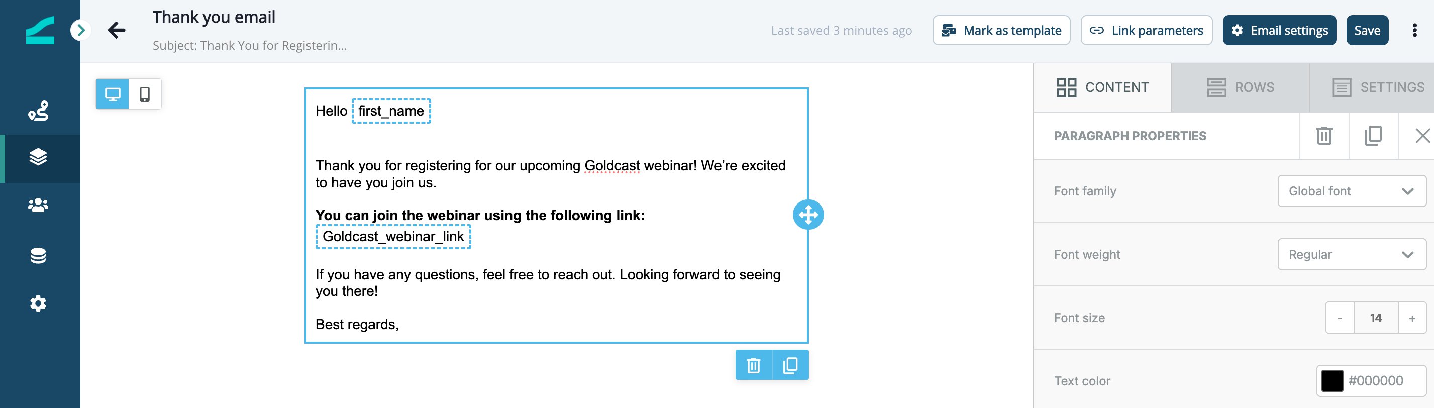 Email editor using mapped Goldcast fields as personalization tokens