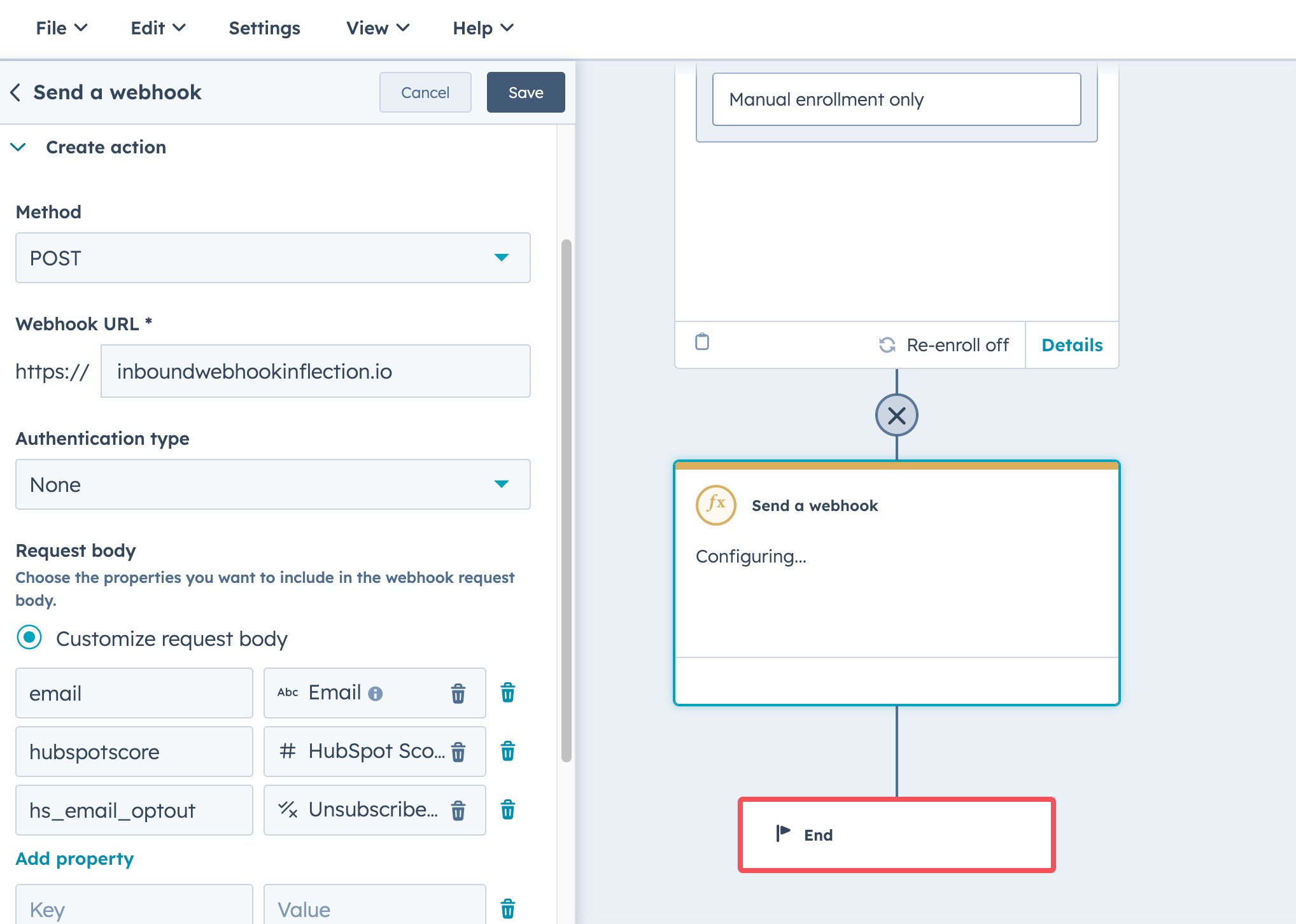HubSpot workflow editor with the Send a webhook action configured