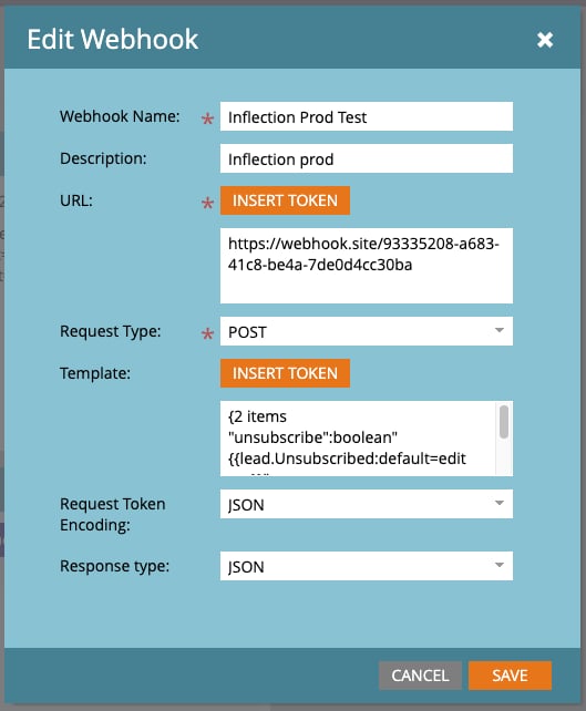 Marketo webhook configuration with URL, request type, payload template, and response type