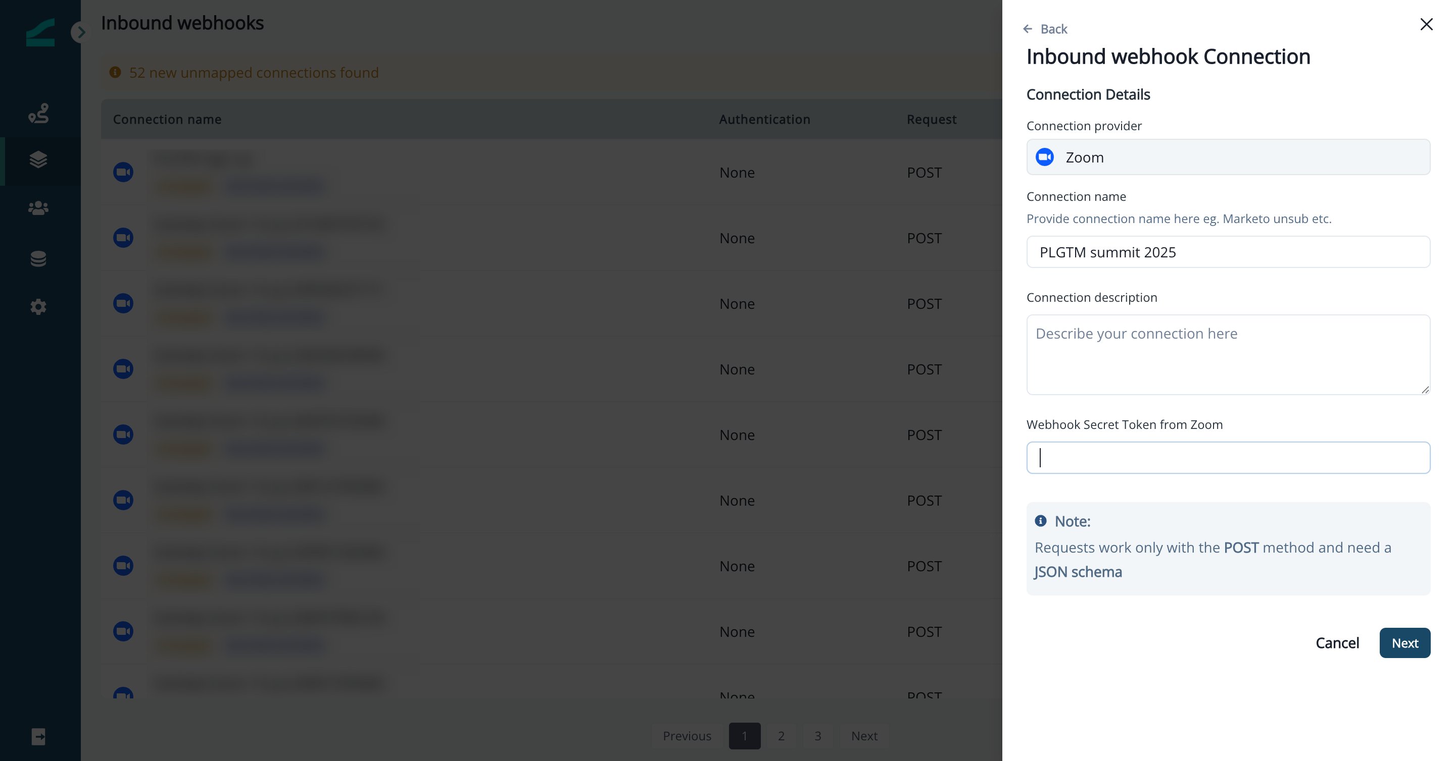 Selecting Zoom from the list of inbound webhook connection types