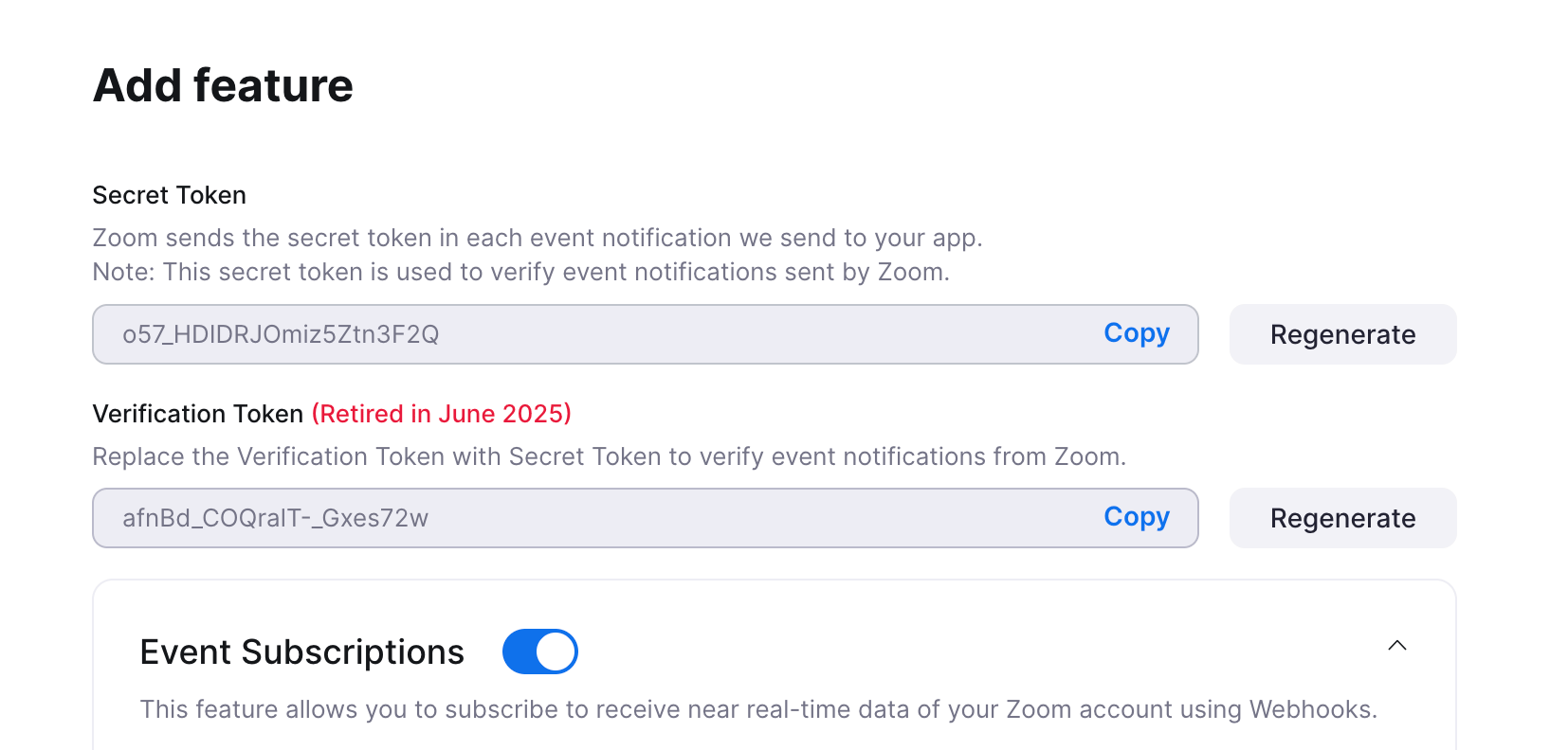 Webhook Secret Token field in the Zoom connection setup