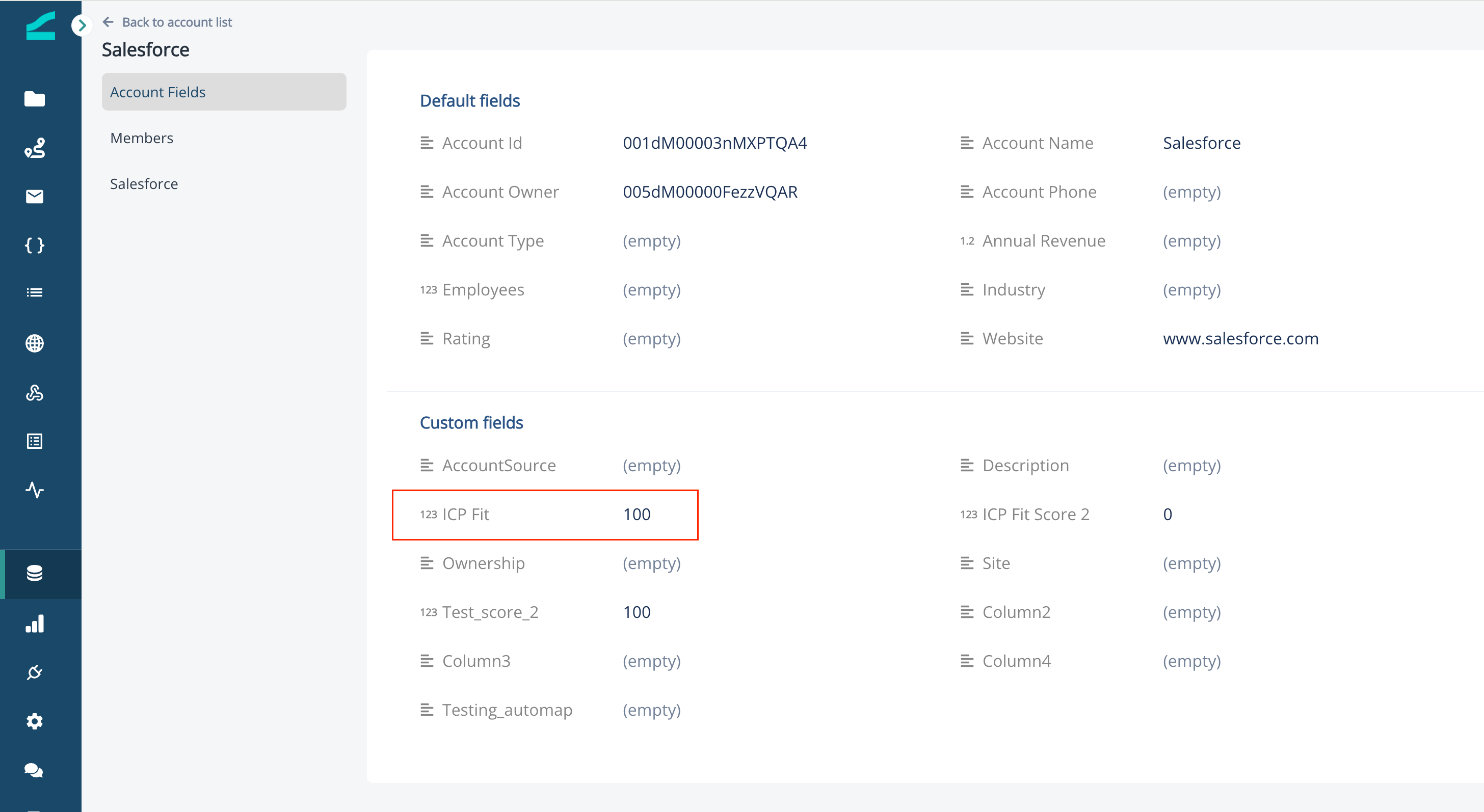 Account record showing a score field produced by an active scoring model