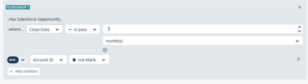 Has Salesforce Opportunity filter with field conditions