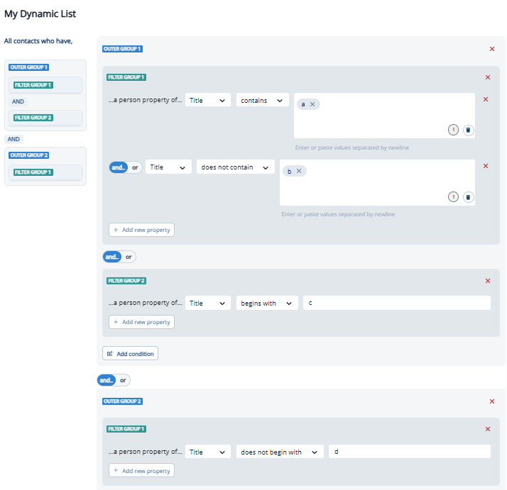 Outer group and filter group summary in the list building UI