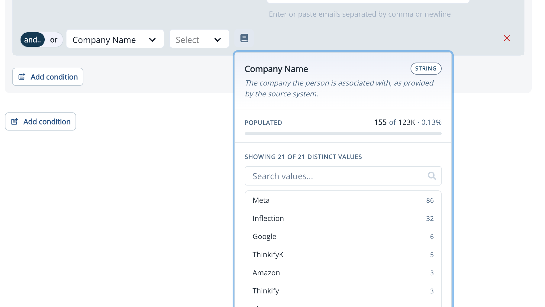 Insights from data dictionary panel open beside a filter row in the dynamic list builder