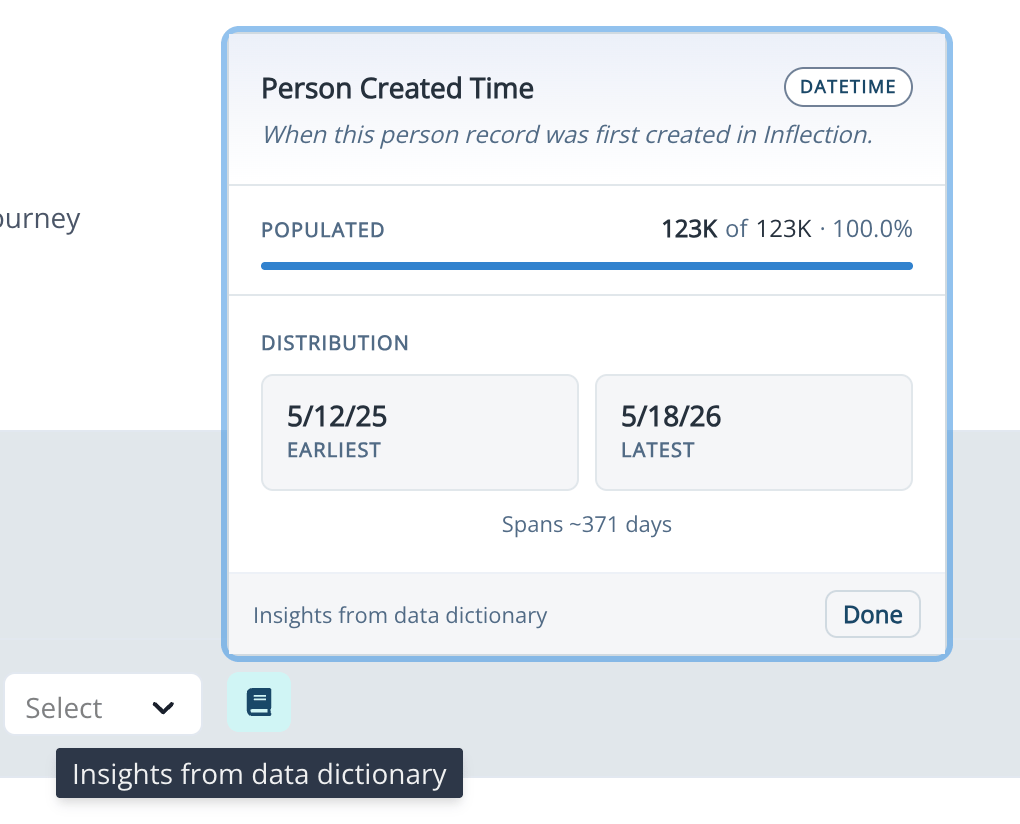 Data dictionary panel showing field stats and a searchable list of distinct values
