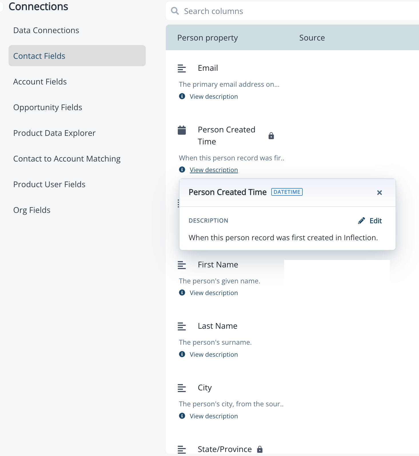 Editing a field description inline on a field row in Unified Mapping