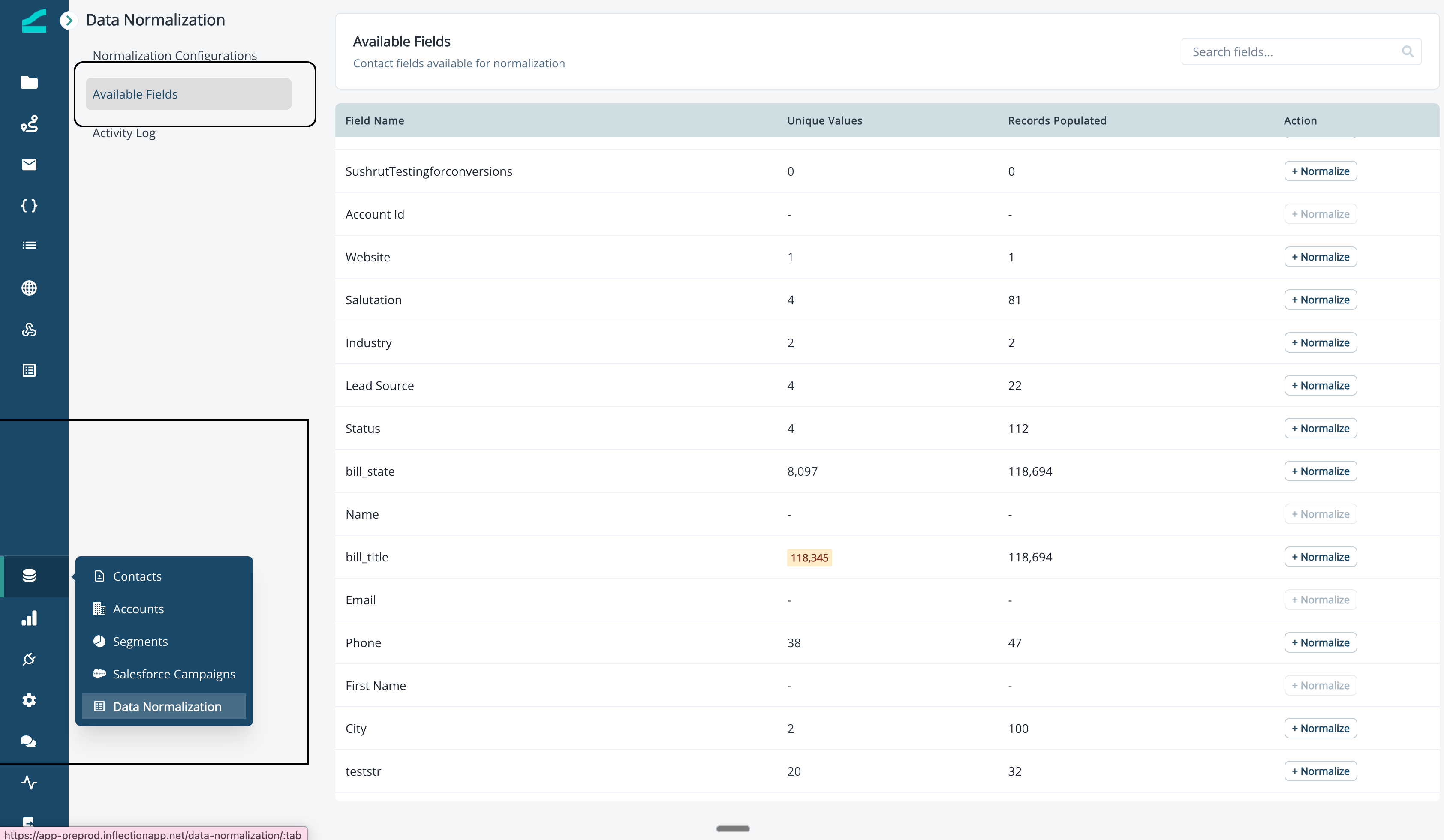 Available Fields tab listing contact string fields eligible for normalization