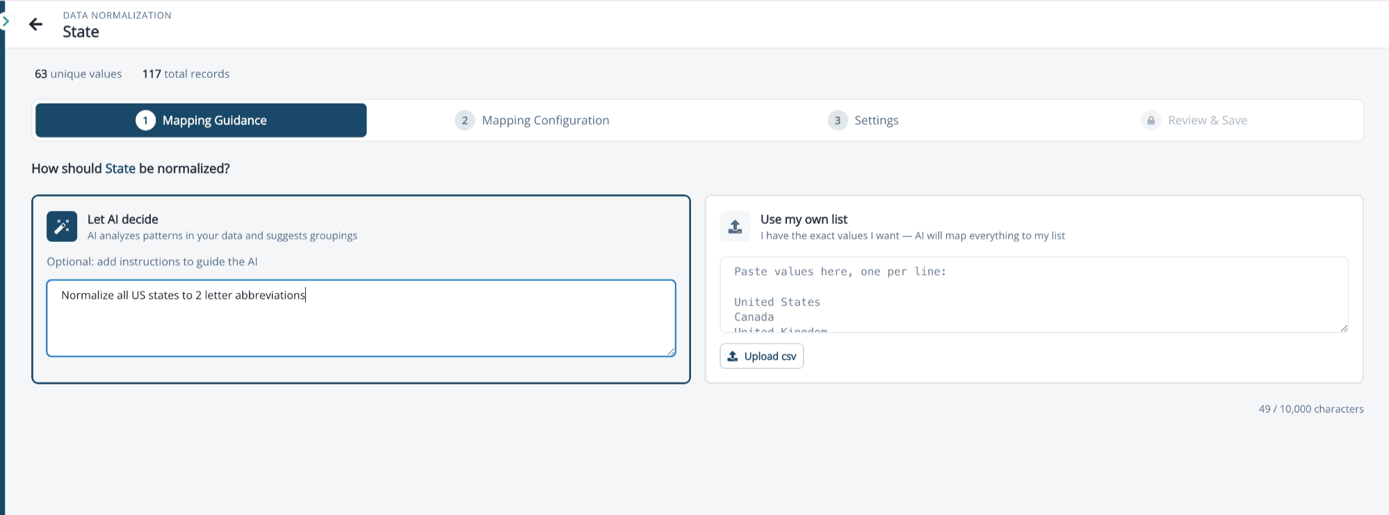 Mapping Guidance step with Let AI decide instructions and Use my own list options