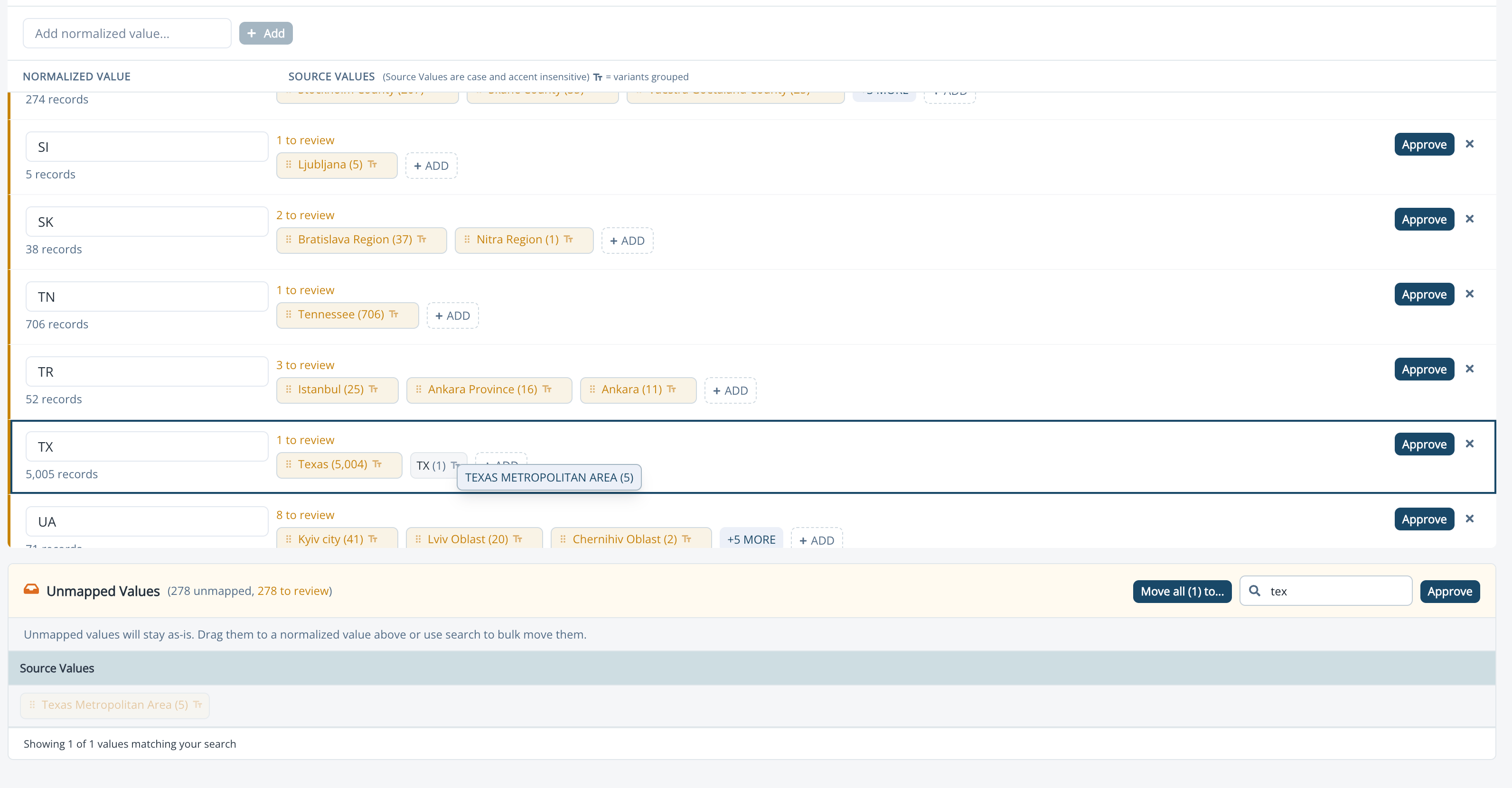Dragging a source value between normalized value groups