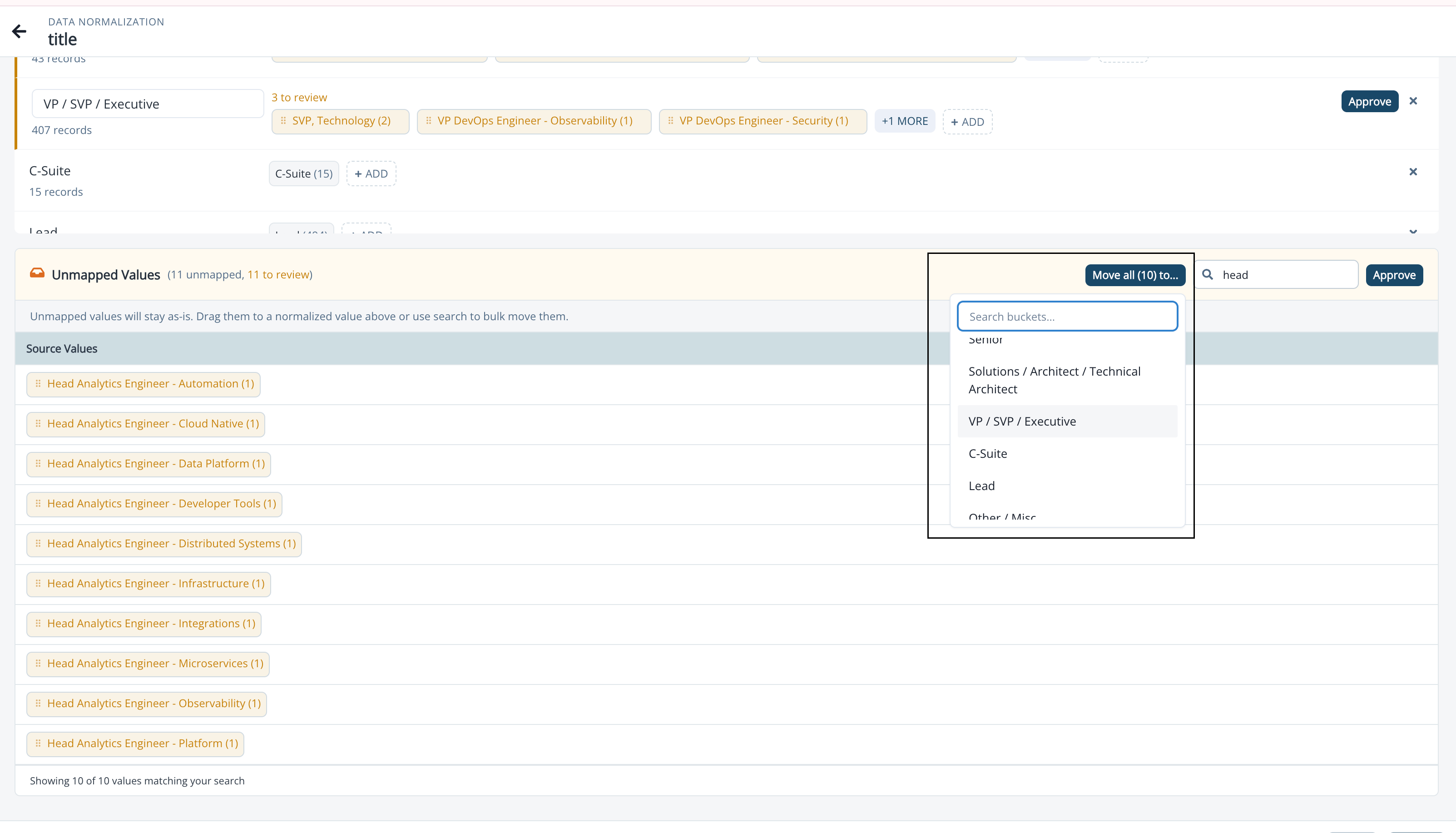 Unmapped Values section with search filter and Move all button