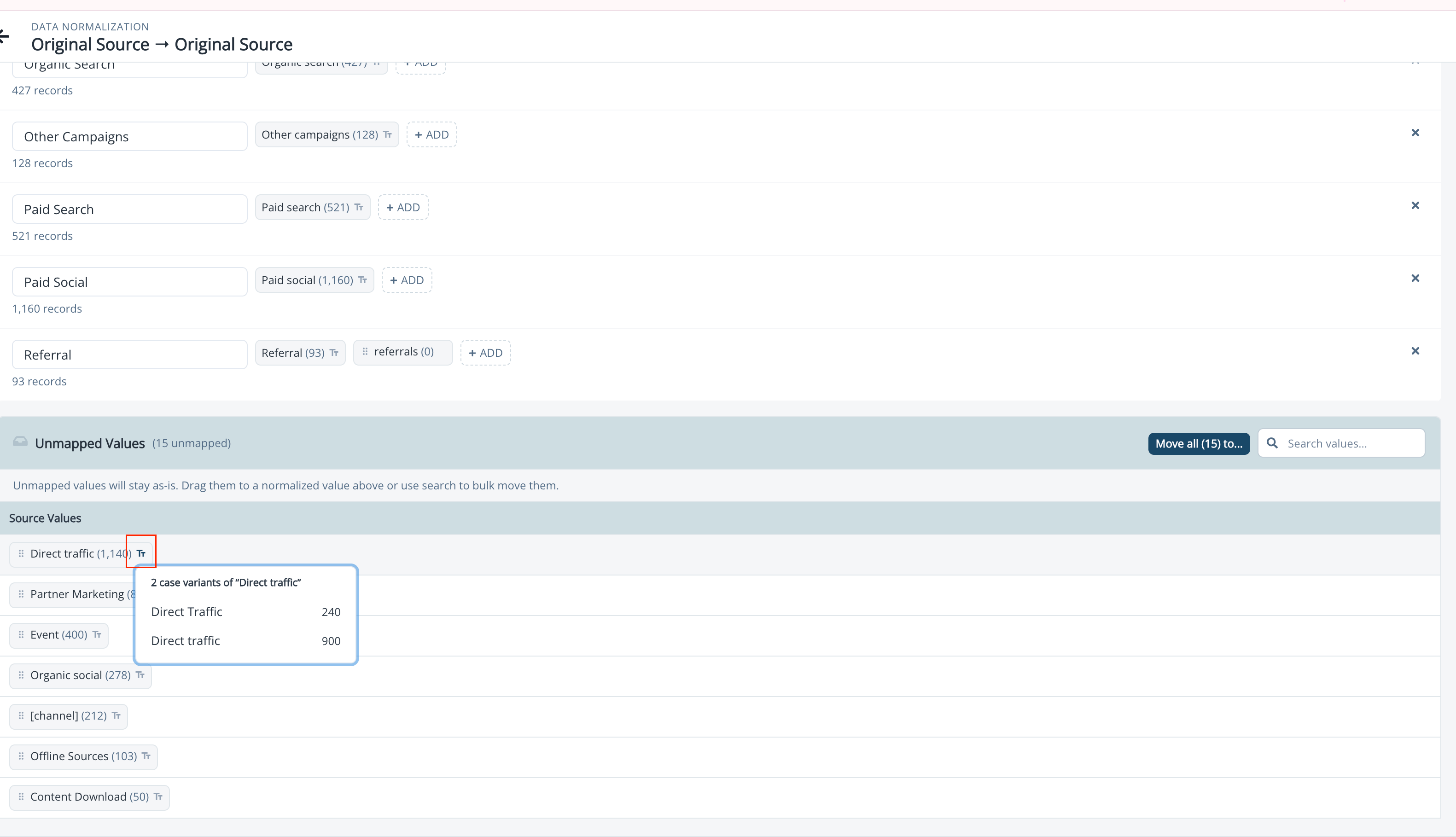 Case variants popover showing all casings of a source value