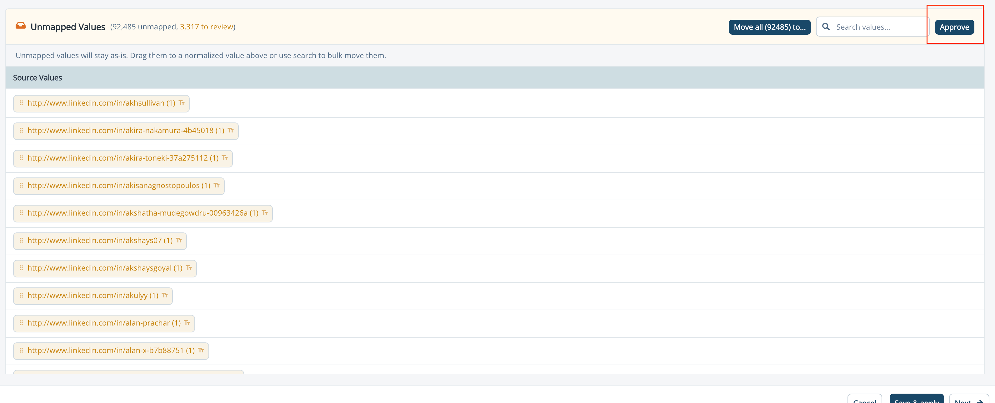 Unmapped Values section with values kept as-is and an Approve button