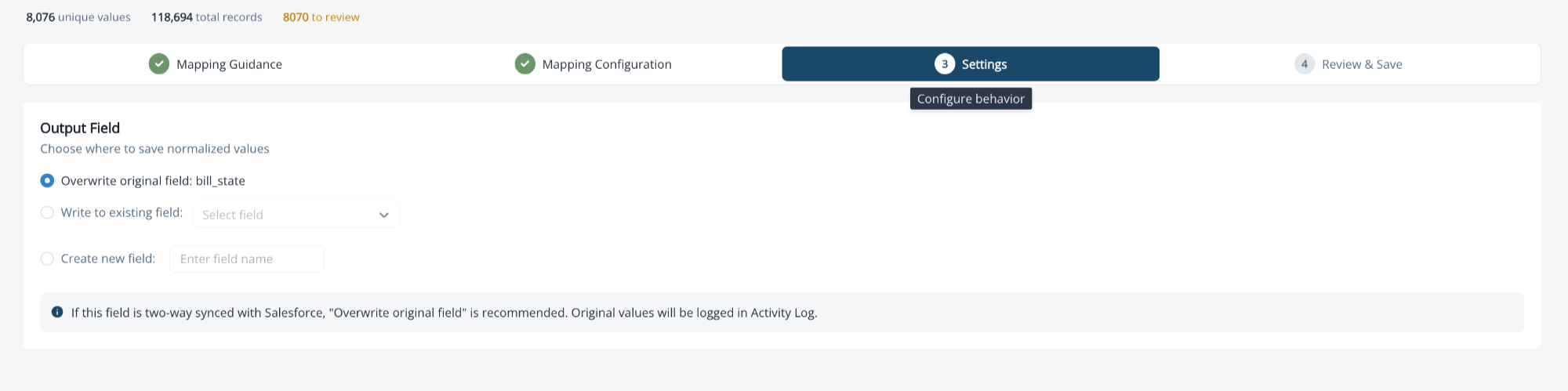 Settings step with output field options: overwrite, existing field, or create new field