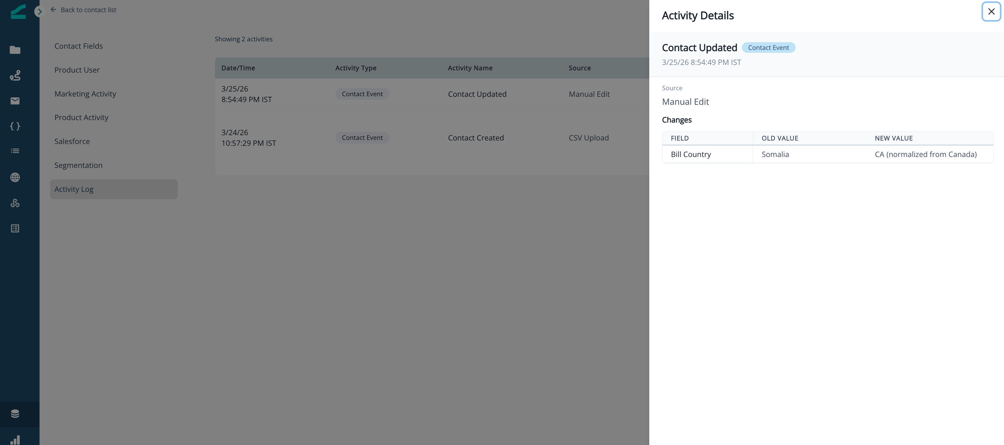 Contact Activity Log entries showing field value changes made by normalization