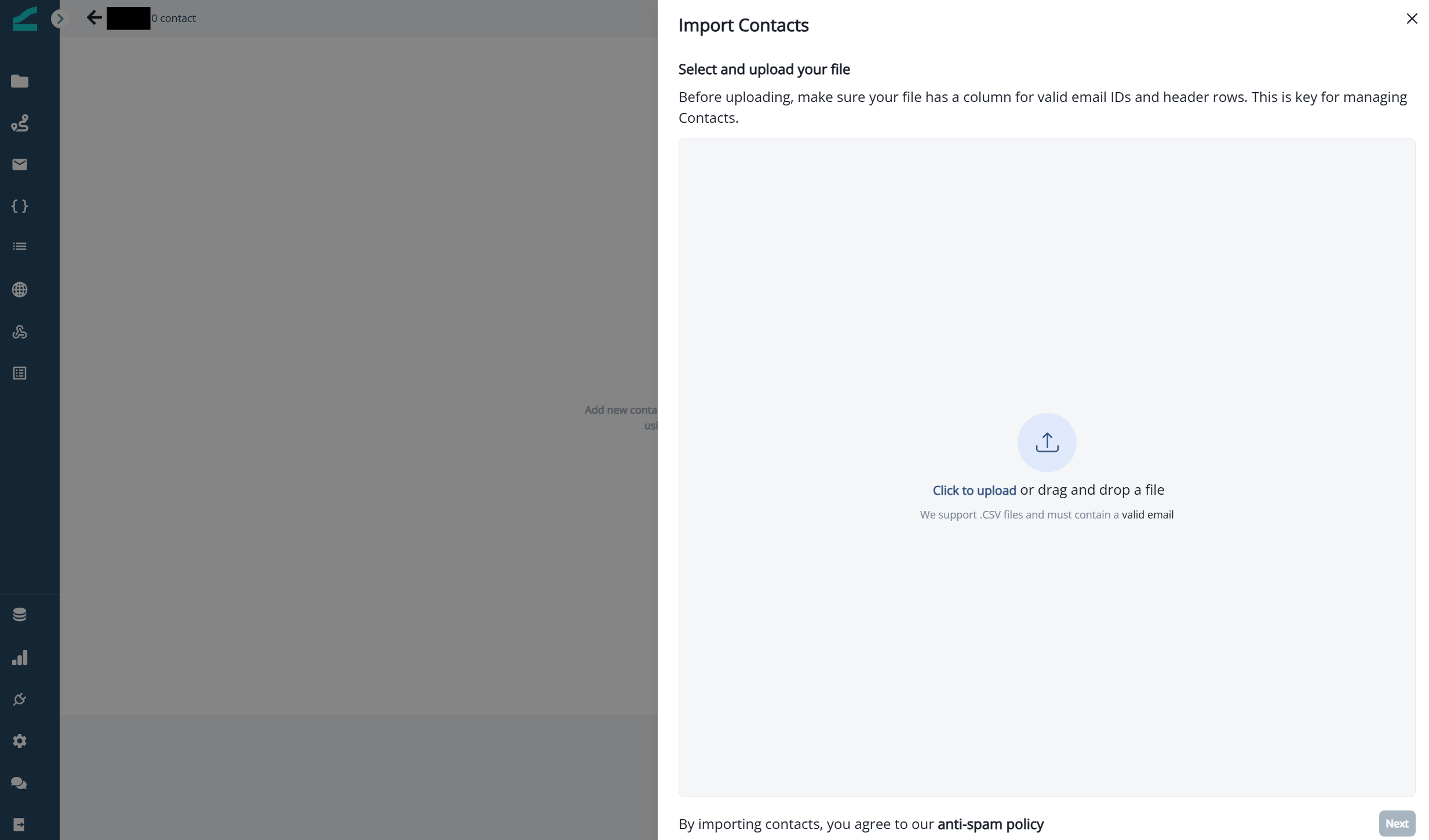 CSV upload modal with drag-and-drop area