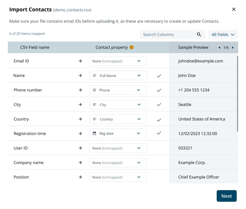 Column mapping screen for CSV import