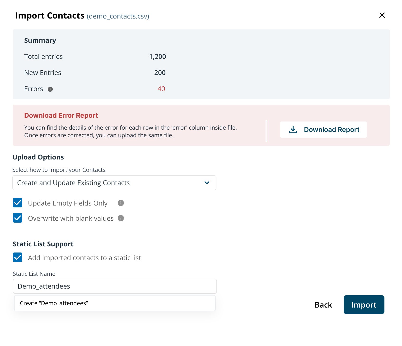 Import summary page with entry counts and errors