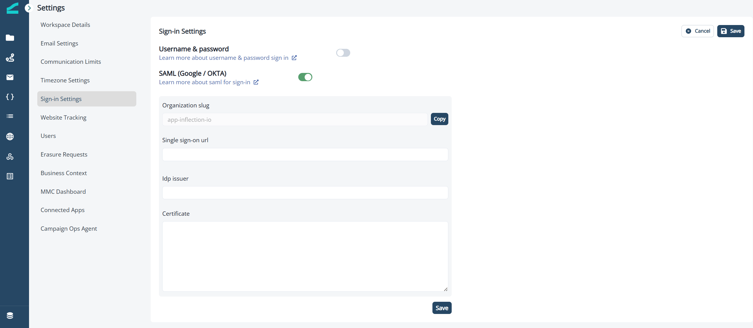Inflection Single Sign-on settings with SAML enabled, showing the single sign-on URL, issuer, and certificate fields