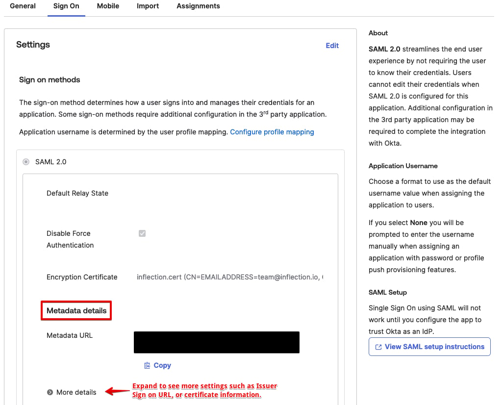 Inflection Single Sign-on settings showing the single sign-on URL, IDP issuer, and certificate fields