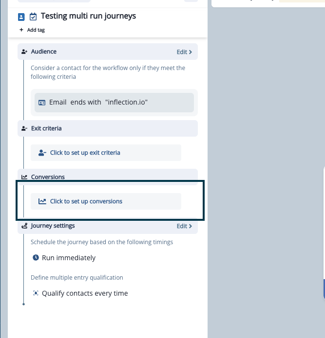 Journey sidebar showing the Conversions section setup link