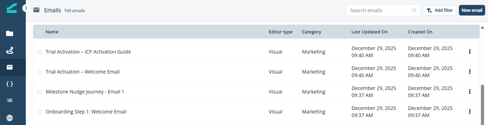 Emails section in the left navigation panel