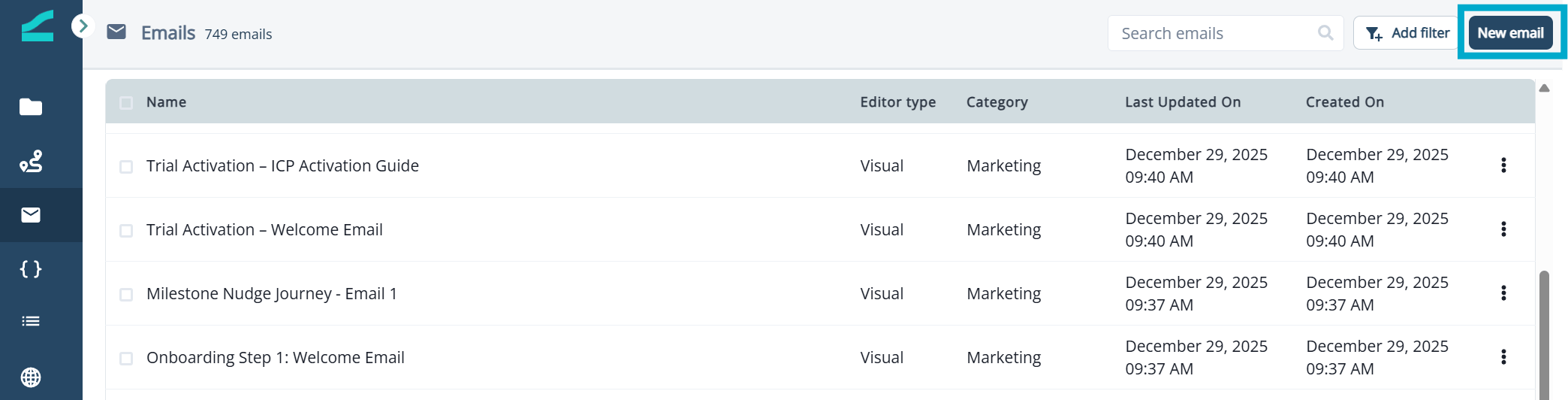 New email button on the Emails page