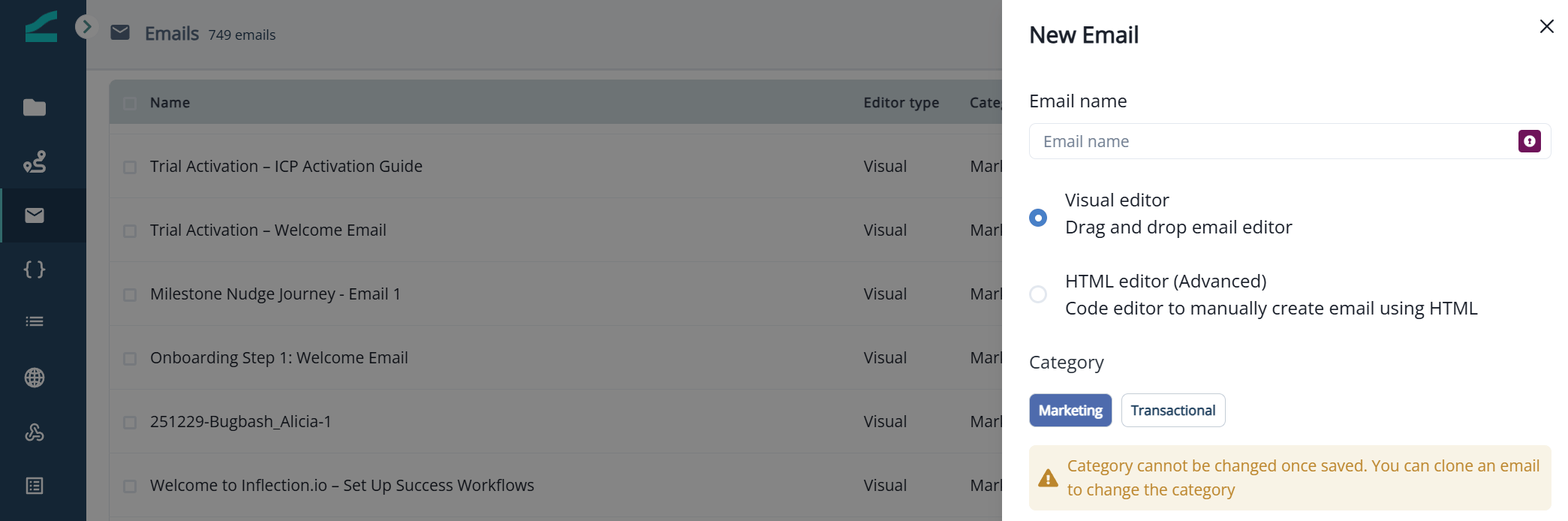 Dialog for naming the email, selecting an editor, and choosing a category